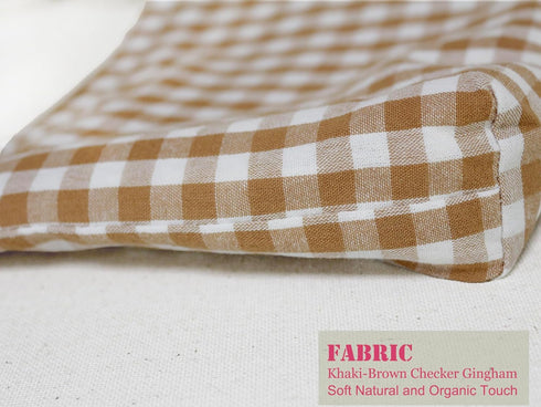 Khaki Gingham Cotton Makeup Bag: Cosmetic Travel Pouch with Zipper Closure and Bottom Organizer