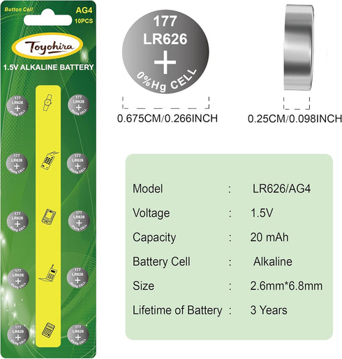 Toyohira SR626SW 20 Pack, 377 AG4 LR626, 1.5V Battery Watch Batteries - Long-Lasting Replacements for Timex Casio Seiko