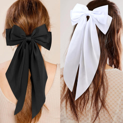 Wecoe 4pcs Big Hair Bows For Women White Black Navy Blue Red Satin Bows Hair Barrettes Cute Large Hair Clips Long Tail Kawaii Summer Hair Accessories For Women Girls Accesorios Para El Cabello Gift