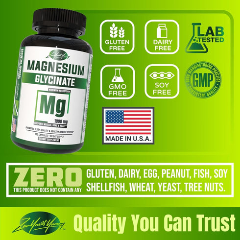 ZYY Pure Magnesium Glycinate Capsules 1000mg Maximum Strength, Chelated Magnesium Supplement for Sleep, Muscle, Brain,