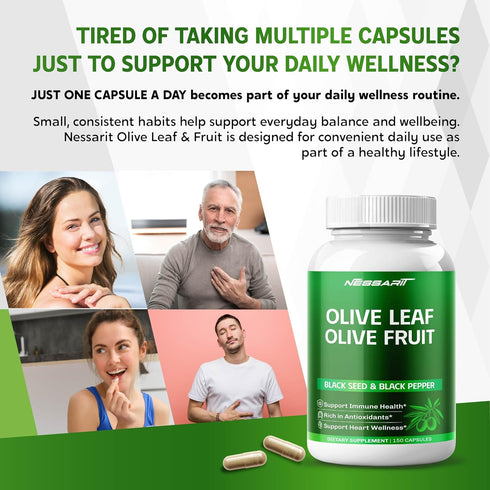 NESSARIT 9,100mg 60% 60% 150 Olive Leaf & Olive Fruit with Oleuropein & Hydroxytyrosol Plus Black Seed Oil & Black