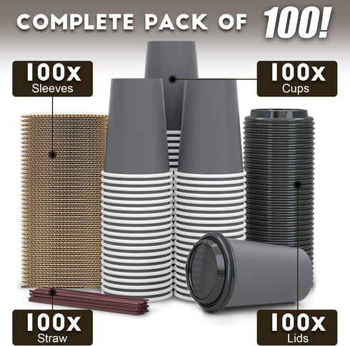 SPRINGPACK 100 Pack 12 oz 100% - Disposable Coffee Cups To Go with Lids Sleeves and Straws Biodegradable & Compostable