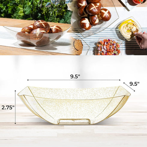 Posh Setting Plastic Serving Bowls, Large Gold Glitter Snack Bowls for Parties, Square Disposable Salad Bowl, Heavy
