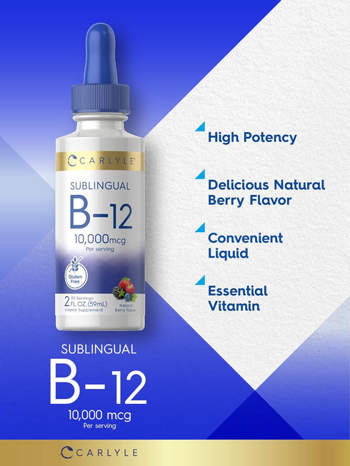 Carlyle Vitamin B12 Sublingual 10,000mcg Liquid Drops, 2 fl oz - Vegetarian, Non-GMO, Gluten Free