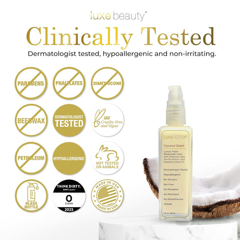 Luxe Beauty Non-Greasy Hyaluronic Acid Moisturizer - Coconut-Scented Lotion, Silicone-Free, Organic Ingredients - 2oz