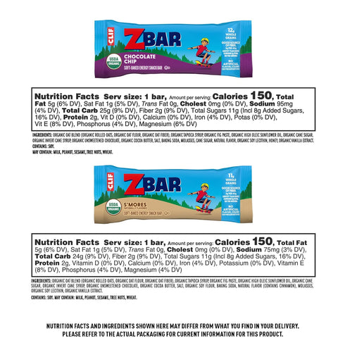 Pack 11-12g (18 Pack) Zbar - Chocolate Chip and S'mores - Variety - Soft Baked Snack Bars - Non-GMO - Whole Grains