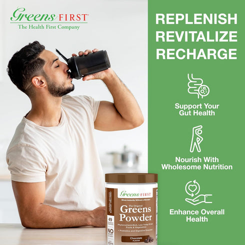 Greens First - Chocolate - 30 Servings Superfood Powder with 49 Superfoods, Antioxidant Smoothie Mix, Vegan