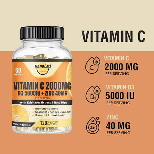 Vitamin C 2000MG, Zinc 40 mg, Vitamin D3 5000 IU, Echinacea Extract, 120 Vegan Caps, Immune Support for Adults & Kids