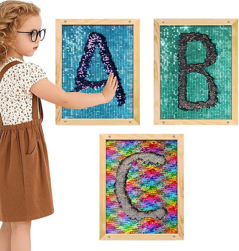 Wibeelee 3 Pcs Flip Sequin Fabric Wood Frame Wall Panel, Sensory Toy Reversible