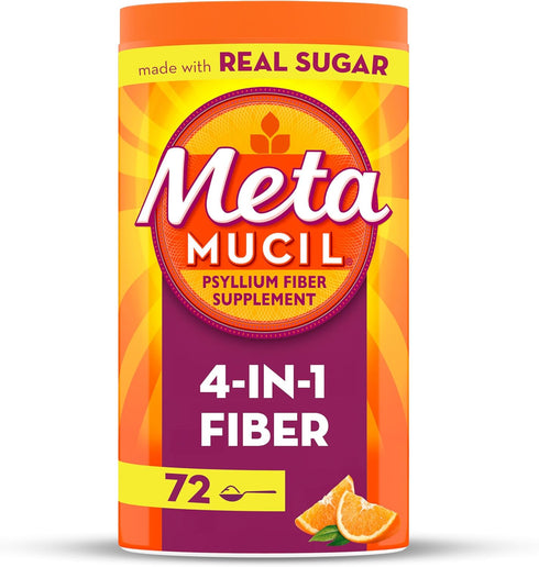 Metamucil Fiber, 4-in-1 Psyllium Fiber Supplement Powder with Real Sugar, Orange Flavor, 72 Servings