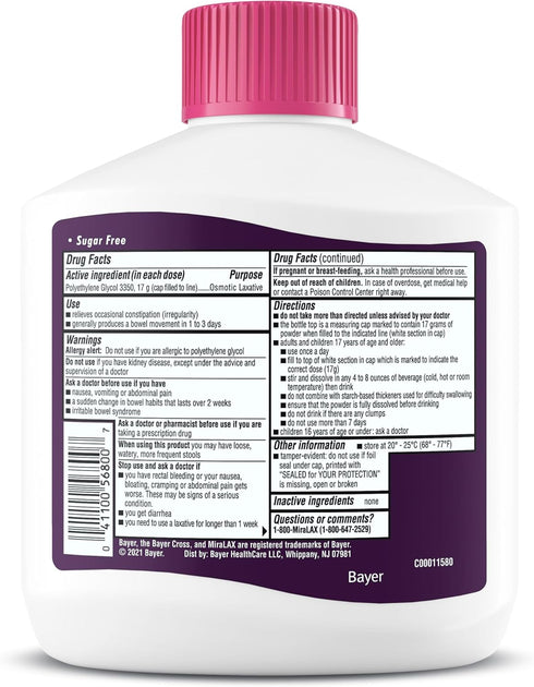 MiraLAX Laxative Powder for Gentle Constipation Relief, PEG 3350, Physician Recommended, No Harsh Side Effects
