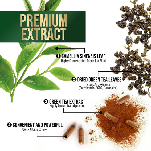 Green Tea Extract Capsules 1000mg 98% Standardized EGCG - 60 Capsules for Natural Energy & Heart Support