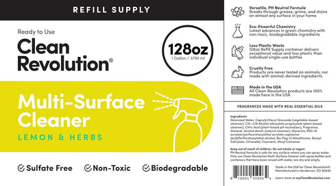 Clean Revolution Multi Surface Cleaner Refill, Non-Toxic, Eco-Friendly, Ready to Use, Lemon & Herbs, 128 Fl Oz