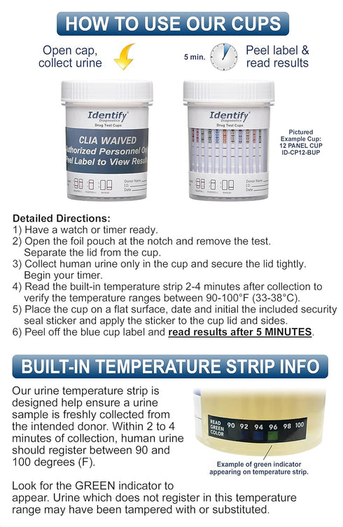 Identify Diagnostics Drug Test Cups - 5 Pack - 6 Panel CLIA Waived Instant Urine Drug Test Kit