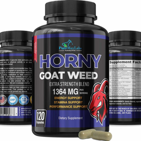 YUMMYVITE Horny Goat Weed Extra Strength -120 Capsules w. Maca, L-Arginine, Ginseng