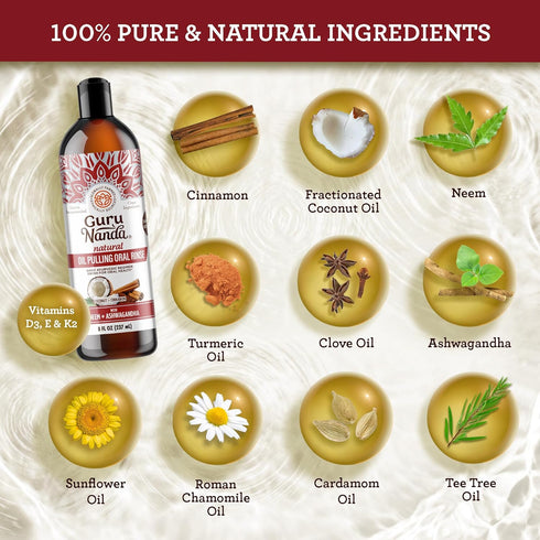 GuruNanda Ashwagandha Oil Pulling, 8 Fl Oz, 100% Pure Coconut Blend with Essential Oils & Vitamins for Healthy Teeth