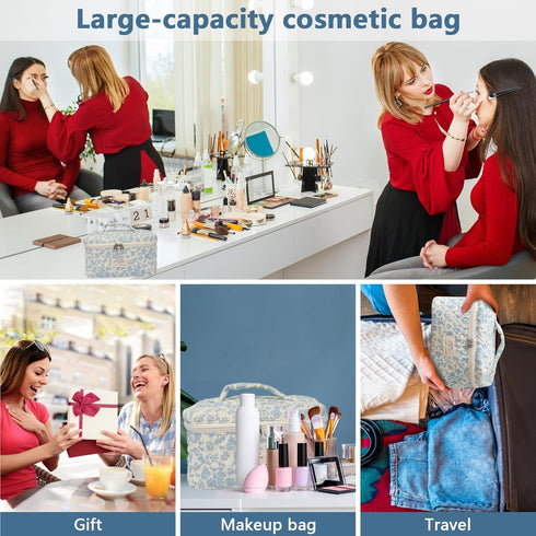 Large Cute Makeup Bag for Women, Floral Coquette Aesthetic Toiletry Organizer Bag for Travel