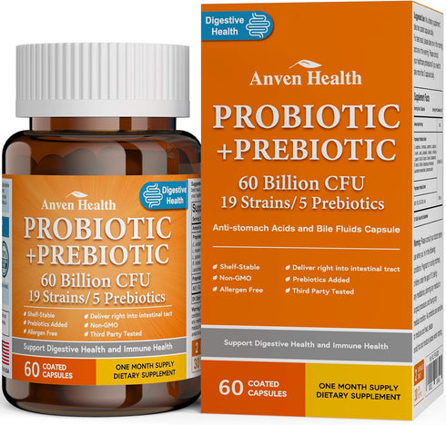 60 Billion Probiotics for Women and Men, 19 Strains, 5 Organic Prebiotics for Gut Digestive & Immune Health, Vegan