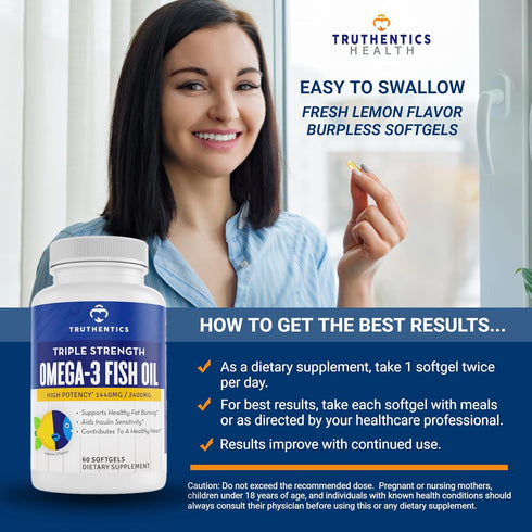 TRUTHENTICS Omega 3 Fish Oil, 2400 mg Triple Strength, Burp-Free Lemon Flavor, 60 Softgels