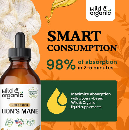 Organic Lions Mane Liquid Extract - Lion’s Mane Mushroom Supplement - Vegan, Alcohol Free Drops - 4 fl oz