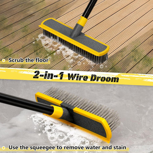 JIURAIN 2 1 Heavy Duty Broom Wire Floor Scrub Brush with Long Handle, in Scrape and Stainless Steel Bristle Brooms