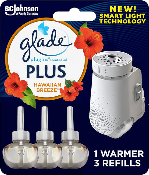 Glade PlugIns Plus Air Freshener Starter Kit, Hawaiian Breeze, 0.67 Fl Oz, 1 Warmer + 3 Refills, Scented Essential Oils