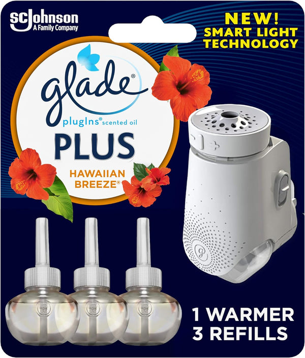 Glade PlugIns Plus Air Freshener Starter Kit, Hawaiian Breeze, 0.67 Fl Oz, 1 Warmer + 3 Refills, Scented Essential Oils