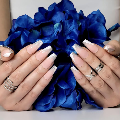 Hypnaughty 24 Pcs Modern Glittery French Luxury Coffin Press On Nails with Holographic Design