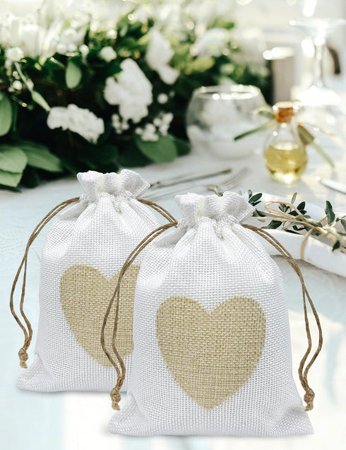 Jexila 24PCS Burlap Drawstring Gift Bags, 5X7 Inches Heart Print Linen for Jewelry, Candy Goodie Pouches, DIY Craft