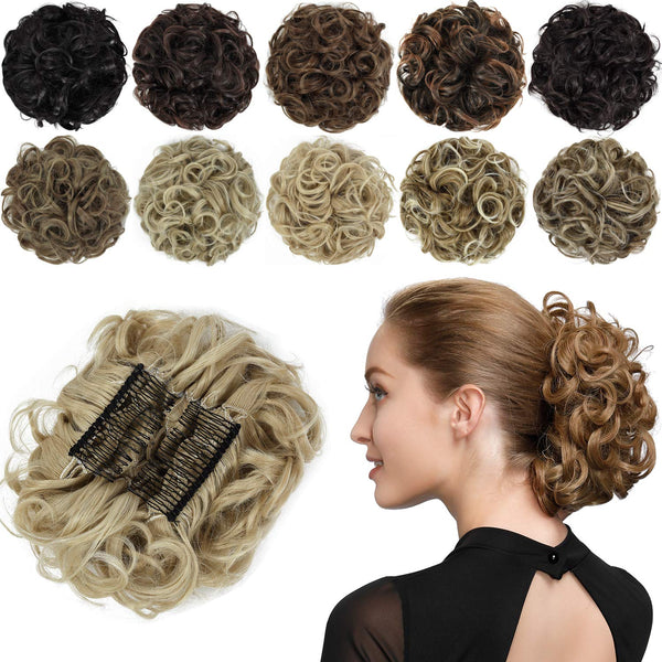 Rose Bud Chignon Hairpiece, Curly Bun Extensions Scrunchie Updo for Women (Natural Blonde)