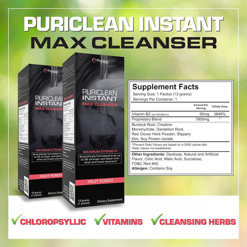 Wellgenix Puriclean Instant Max Cleanser, 5X Stronger Fast Acting Powder, Fruit Punch Flavor, 1 Packet