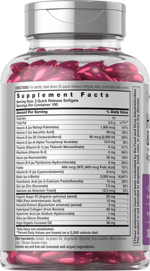 Horbaeach Hair Skin and Nails Vitamins | 300 Softgels | with Biotin and Collagen | Infused with Argan Oil and Coconut Oil | Non-GMO, Gluten Free Supplement