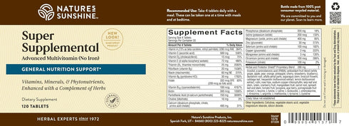 Nature's Sunshine Super Supplemental w/o Iron, 120 Tabs for Overall Health