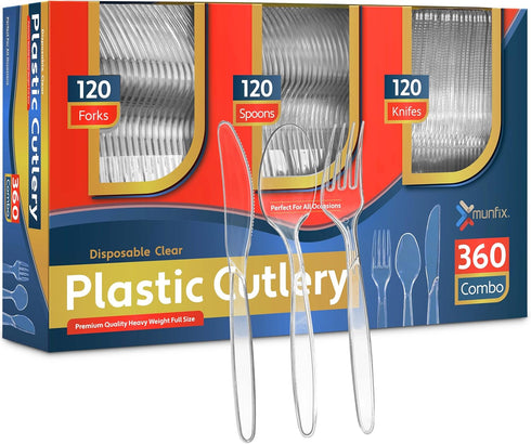 360 Count Plastic Silverware Set, 120 Clear Plastic Forks, 120 Spoons, 120 Knives, Heavy Duty BPA Free Disposable