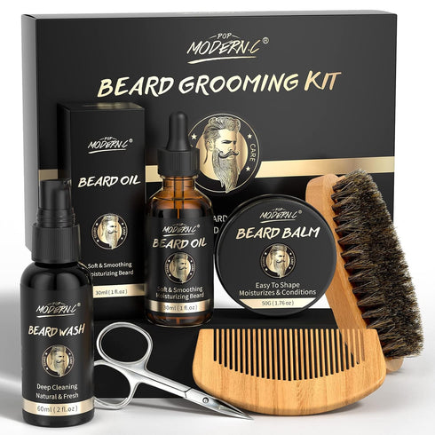 POP MODERN.C Beard Grooming Kit - 6pcs Beard Wash Shampoo, Beard Oil, Beard Balm, Comb, Brush, Scissors, Best Gift for