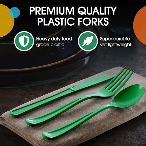 150 Pack Green Plastic Cutlery Set - Heavy Duty Disposable Utensils, 50 Forks, 50 Spoons, 50 Knives