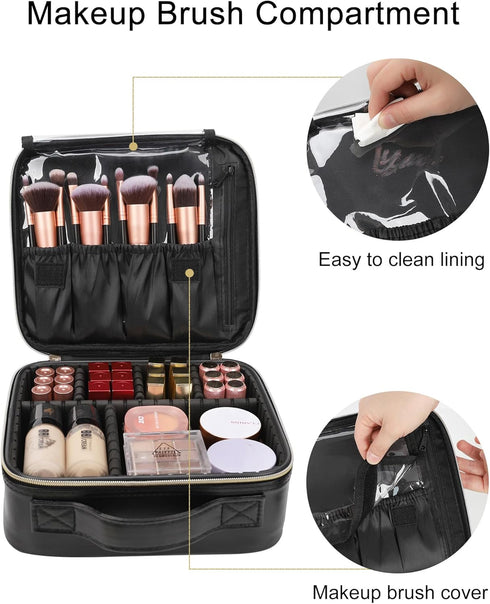 Relavel Makeup Bag, Travel Cosmetic Train Case Organizer, Portable Storage Bag with Adjustable Dividers, Black