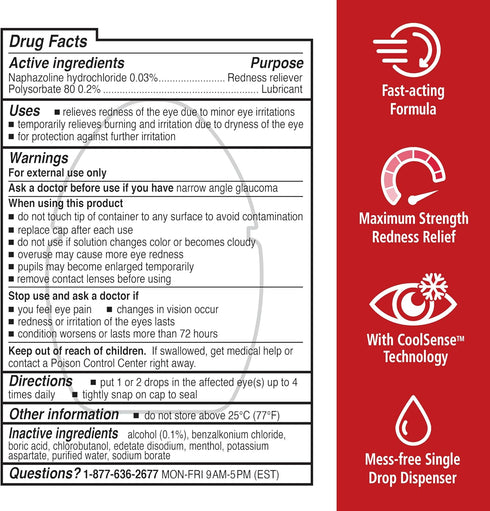 Rohto Max Strength Redness Reliever Eye Drops, Fast Cooling Relief for Red, Dry, Itchy Eyes, 0.4 fl oz Bottle