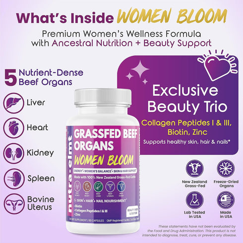 NUTRA ELMT 5 60 Beef Organ Supplement for Women (Made in USA) Enhanced w Biotin, Collagen Peptides & Zinc - Organ Blend