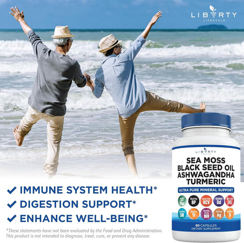 Sea Moss 3000mg, Black Seed Oil 2000mg, Ashwagandha 1000mg, Burdock 1000mg Root Mineral Support - 120 Count