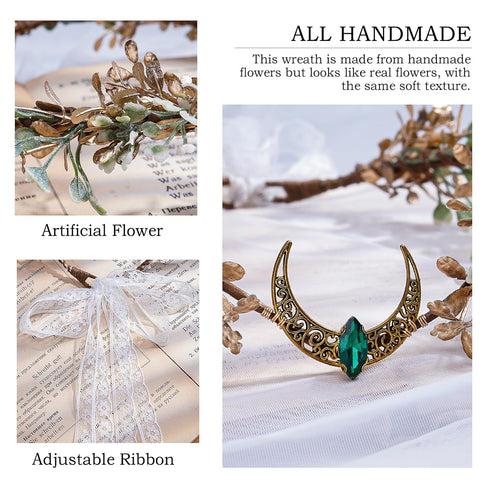 MOSTORY Gold Flower Moon Headpiece, Handmade Fairy Floral Crown Woodland Elf Headband for Cosplay