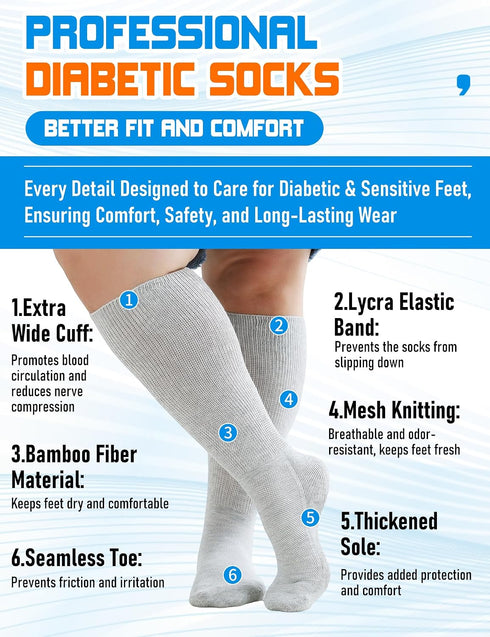 Orthostride 3 Wide Diabetic Socks for Men Women Plus Size, Extra Long Edema Sock with Thickened Sole, Non-Binding Loose