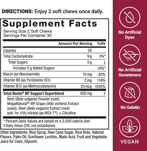 Force Factor Total Beets Blood Pressure Support Supplements, Great-Tasting Beet Powder Chewables, 60 Chews