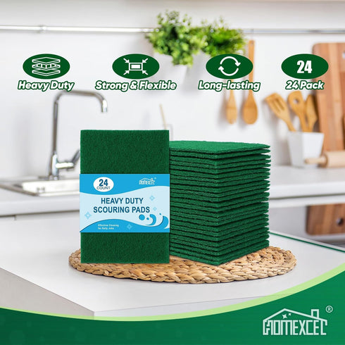 HOMEXCEL Heavy Duty Scouring Pad, 24 Pack Green Scrubbing Pads for Kitchen, Dishes, Pots, Pans, Metal Grill