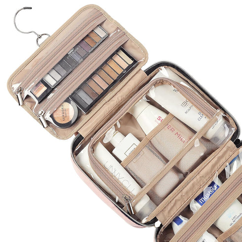 NISHEL Travel Toiletry Bag for Women - Portable Hanging Organizer for Full-Sized Shampoo, Conditioner, Brushes Set,