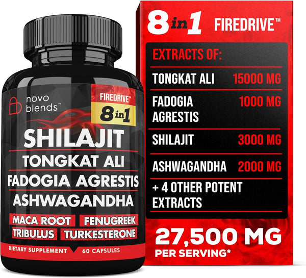 Novo Blends Shilajit 3000mg Tongkat Ali 15,000mg Fadogia Agrestis 1000mg Maca Root 2000mg Ashwagandha