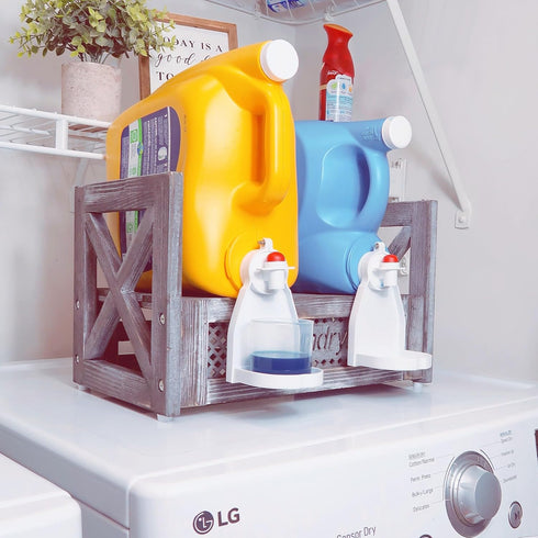 Besuerte Laundry Detergent Holder, Farmhouse Wooden Laundry Station Dispenser Storage Space Holds Liquid Detergent Tub and Fabric Softener Tub, Rustic Grey