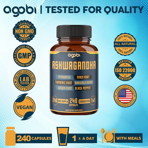 240 Capsules, 8 Month Supply, 7in1 Ashwagandha 8050mg, Mood & Energy Support Supplement
