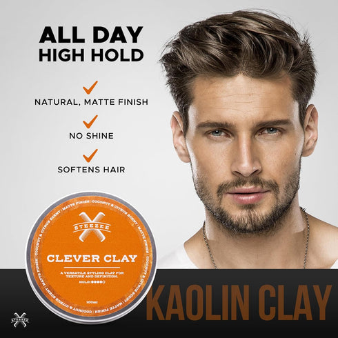 Clever Clay - Natural Finish Styling Hair Clay for Men - All Hair Types - Reworkable All Day Hold- Cruelty Free- Paraben & Sulphate Free, 3.4 oz