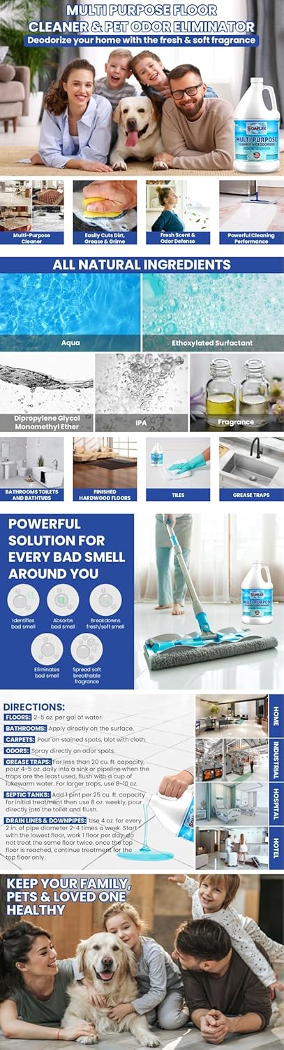 Multi-Purpose Cleaner & Deodorizer, Pet Odor Eliminator, Multi-Surface Cleaner Concentrate for Floor, Carpet, Hardwood,